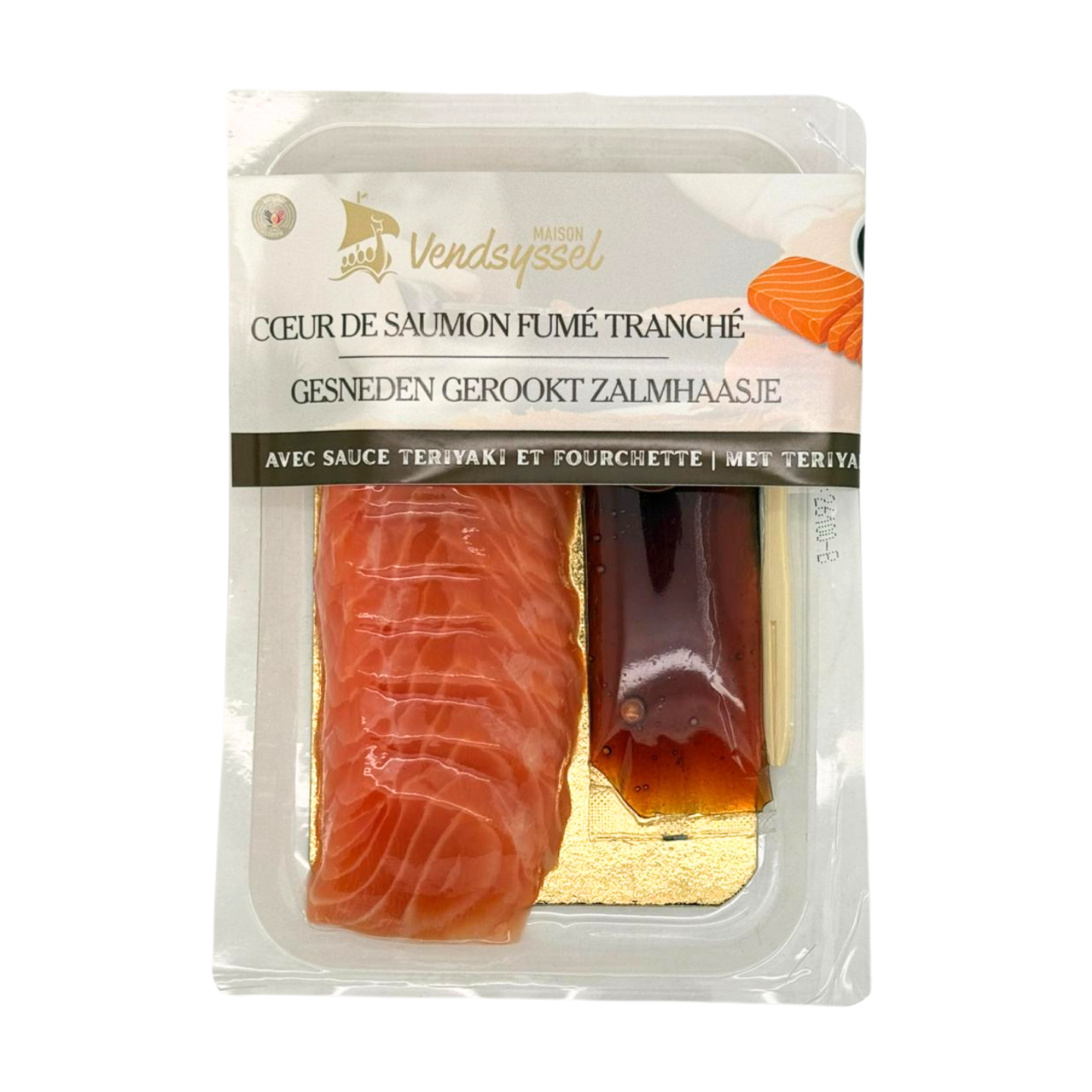 Filet de saumon fumé tranché avec une sauce teriyaki et une fourchette pour déguster directement.