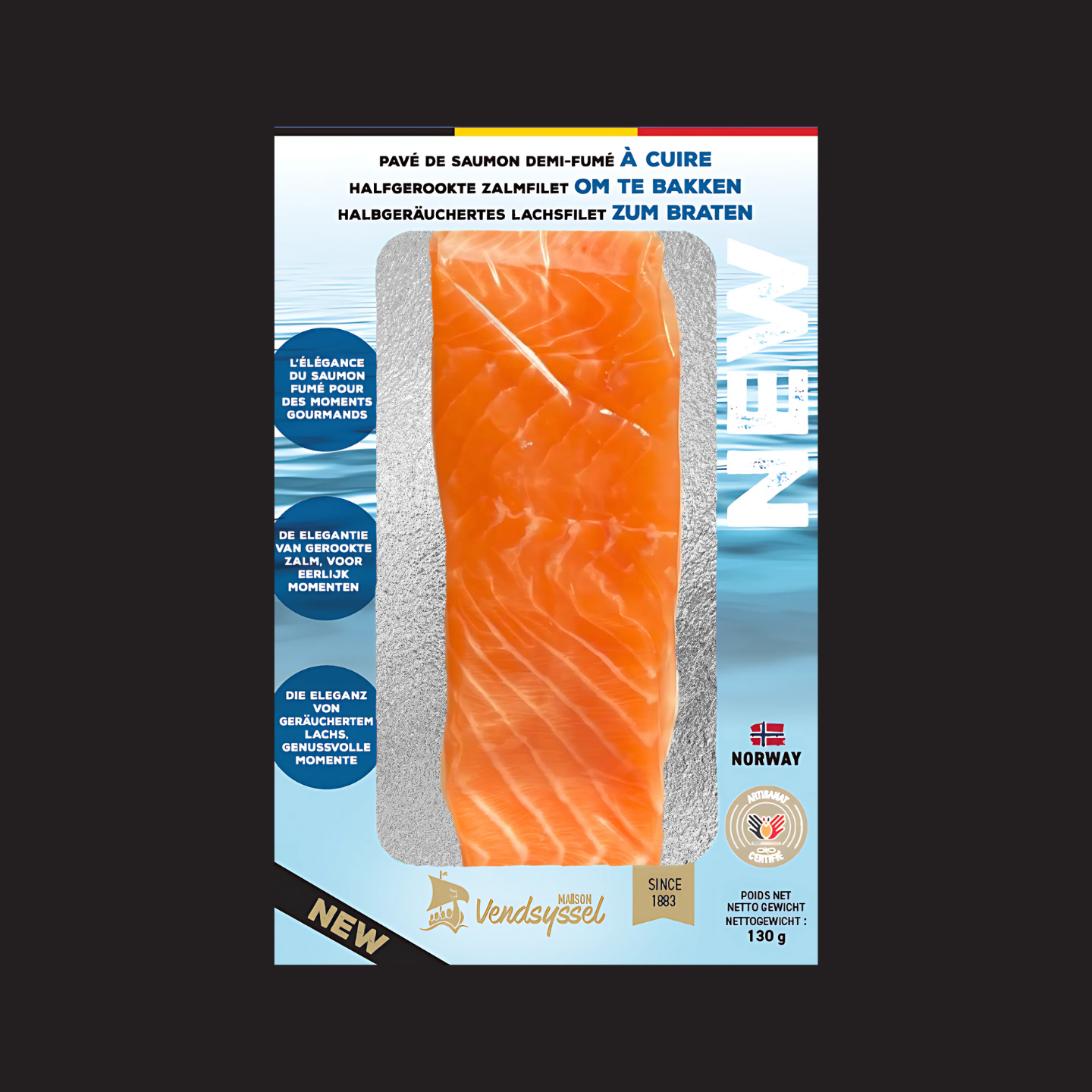 Pavé de saumon à snacker, demi salé, demi fumé fabriqué par la marque Maison Vendsyssel.