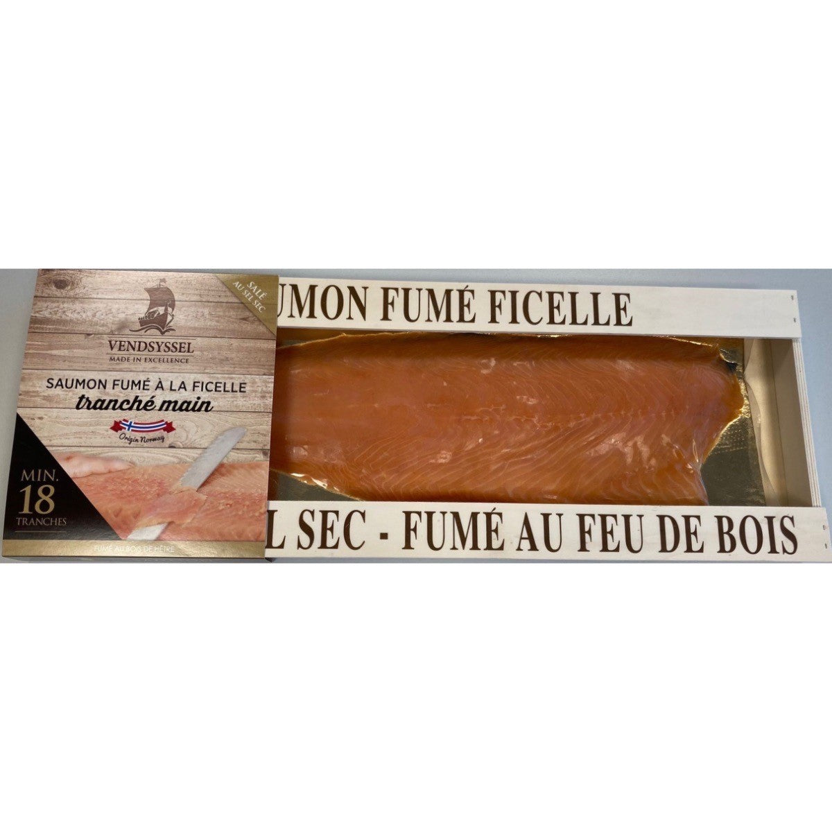 Saumon ASC fumé entier tranché main 1kg de Norvège Maison Vendsyssel by DFM Saveurs avec emballage boîte en bois.