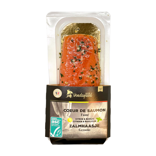 Cœur de saumon fumé parfumé au citron et au basilic Maison Vendsyssel by DFM Saveurs. Saumon certifié ASC.