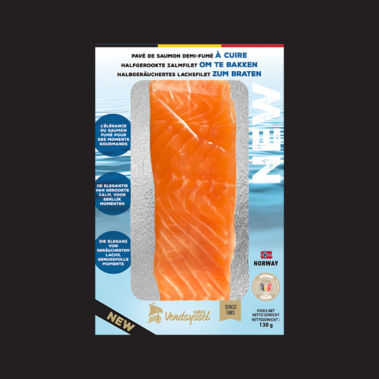 Pavé de saumon à snacker, demi salé, demi fumé fabriqué par la marque Maison Vendsyssel. 