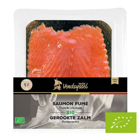 Plaquette de saumon fumé bio tranché à la main Maison Vendsyssel by DFM Saveurs.