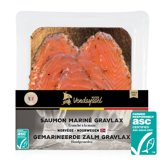 Plaquette de saumon ASC mariné Gravadlax 120g tranché main Maison Vendsyssel.